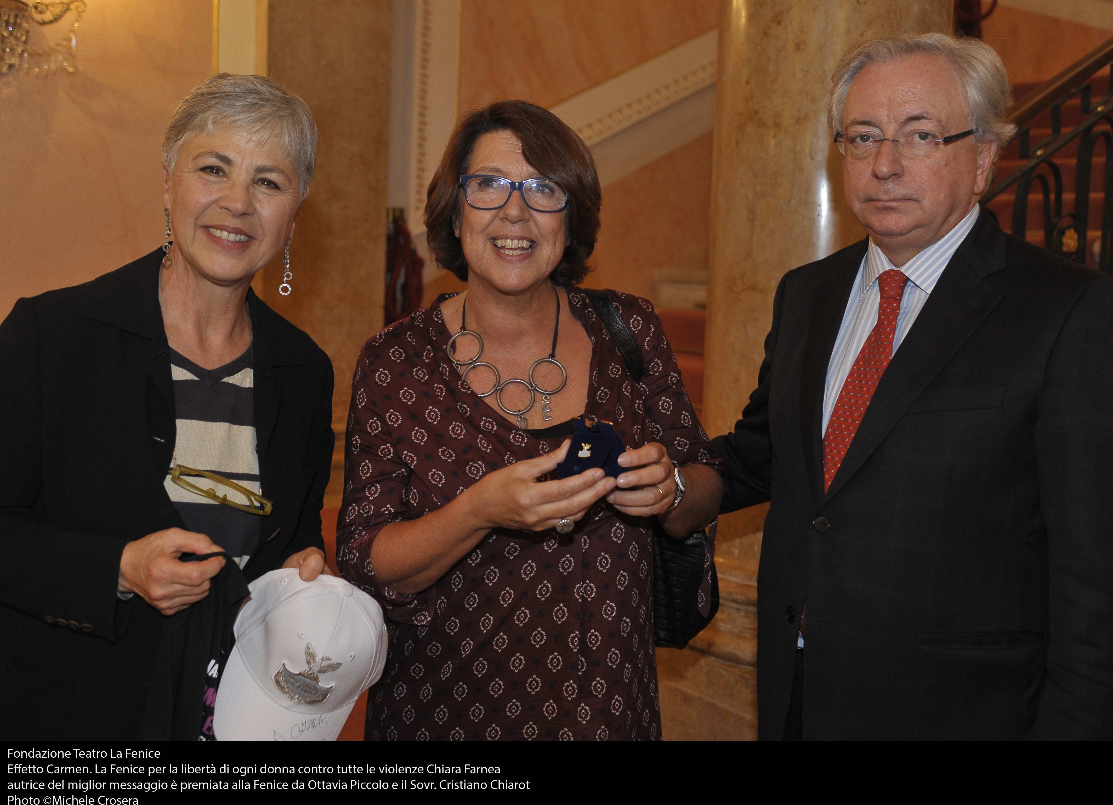 Chiara Farnea Croff with Italian actress Ottavia Piccolo and Cristian Chiarot, the Sovrintendente of the Teatro la Fenice