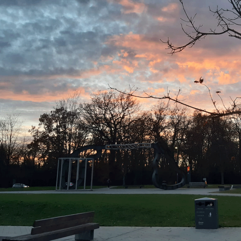 'Let's not be stupid' sculpture at dusk