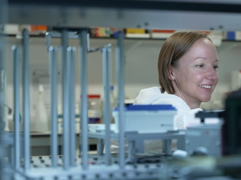 An image of Sarah at work. She's smiling, with her eyes fixed on her work below her.