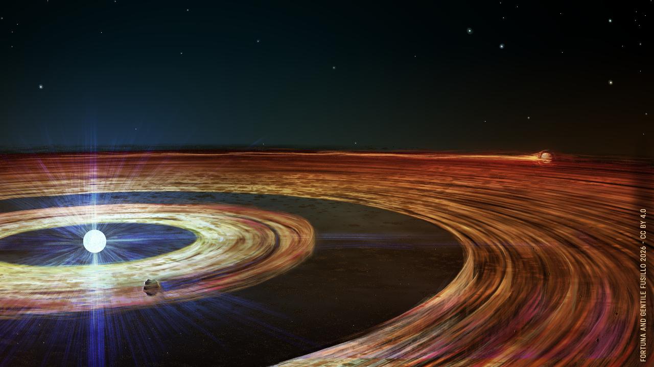 Artist impression of side on image of debris floating around a white dwarf star