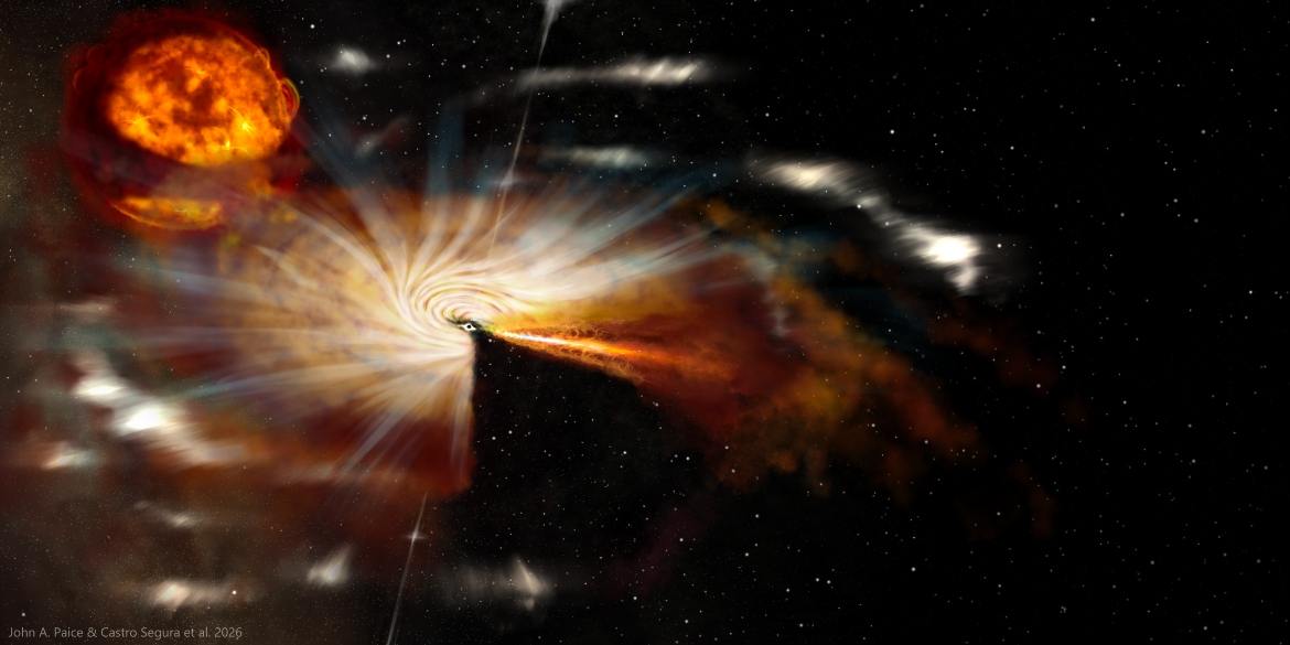 Artist impression of a black hole swallowing and expelling cosmic material