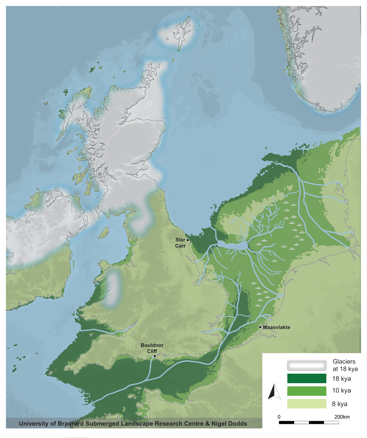 Coastline of Doggerland visualised at 18,000, 10,000 and 8,000 years ago.