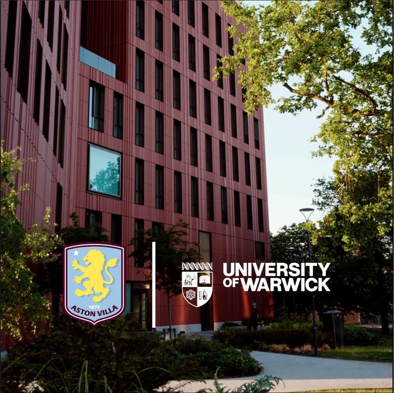Faculty of Arts Building with Aston Villa Football Club and University of Warwick logos