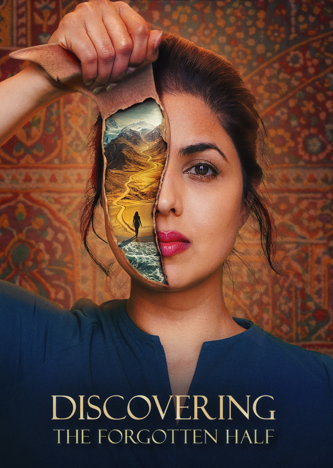 A woman with an artistic rendition of the mountains of Pakistan across part of her face