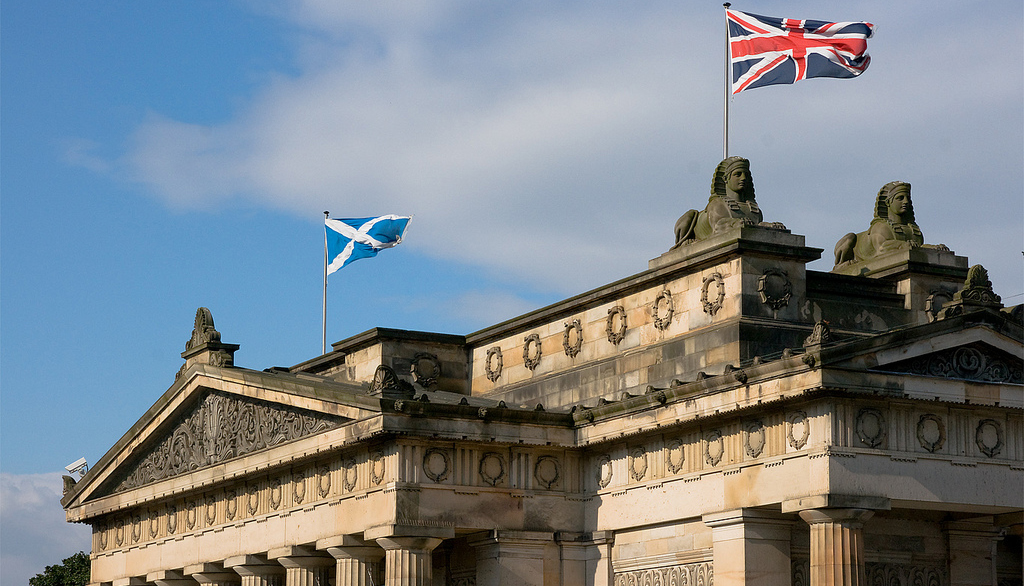 Scottish and British flags on national Gallery of Scotland