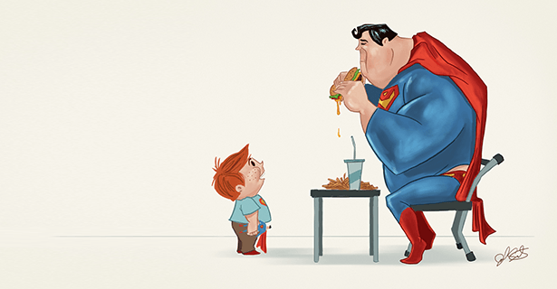 An obese Superman is observed by a child