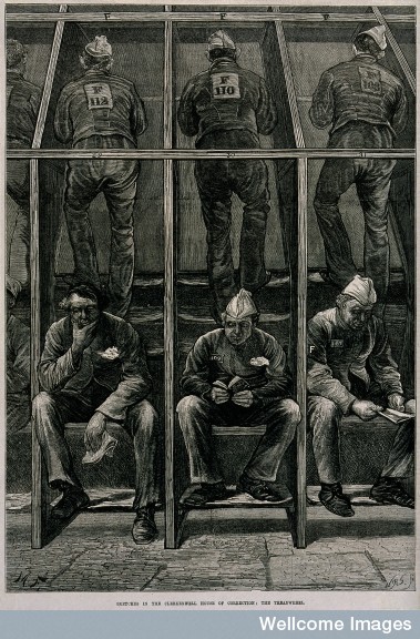 Men standing in a frame treading on the boards of a treadmill - Wellcome Library, London