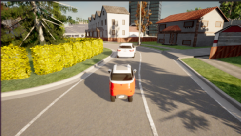 Ego vehicle (red vehicle) is following a decelerating agent vehicle (white car) with a close distance on a curved road in a residential area, and the sun rises behind the ego vehicle. 