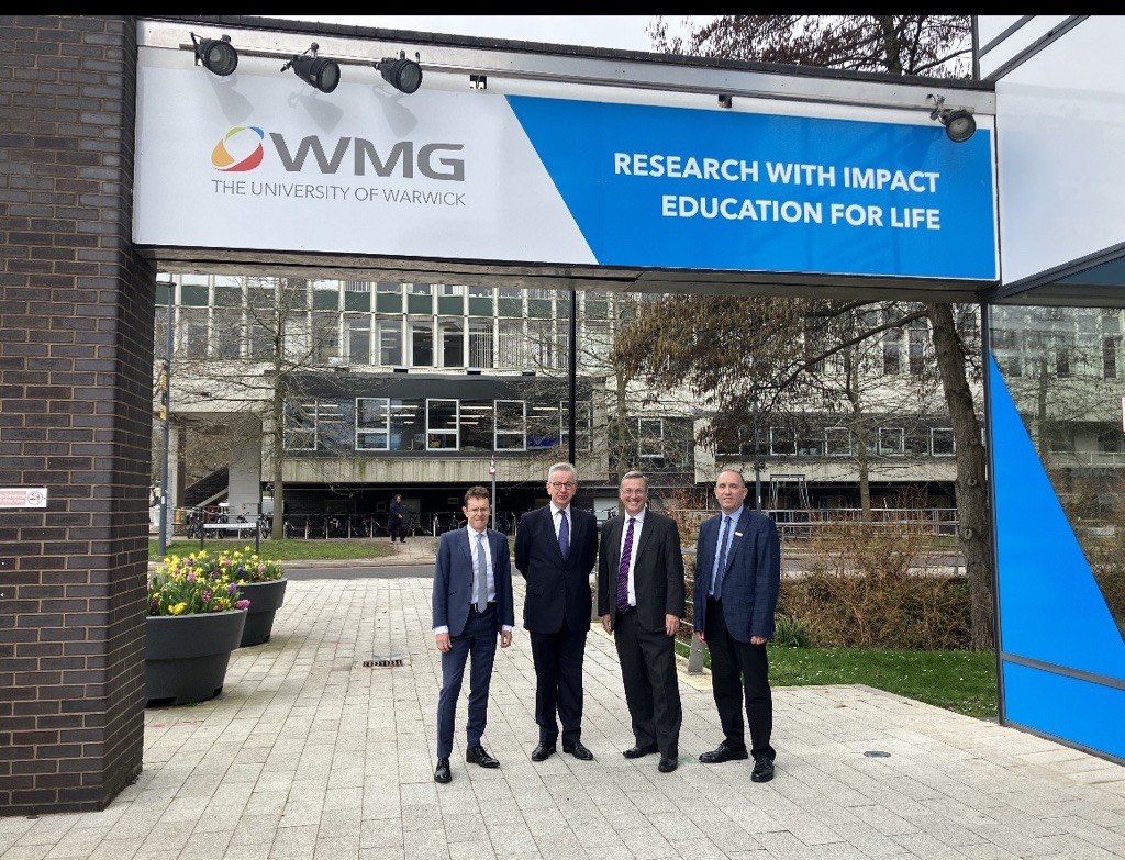 From left to right: Andy Street, Mayor of the West Midlands, Michael Gove, Secretary of State for Levelling Up, Housing and Communities, Stuart Croft, Vice Chancellor, and Robin Clark, Dean of Warwick Manufacturing Group