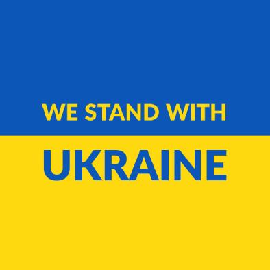 Text: 'we stand with Ukraine' against the blue and yellow of the Ukrainian flag