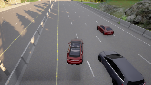 Safety Pool™️ scenario 1: Agent vehicle (red on the left) is cutting into ego vehicle's (grey) lane, while another agent vehicle (red on the right) is at front right position, on a motorway in a sunset condition