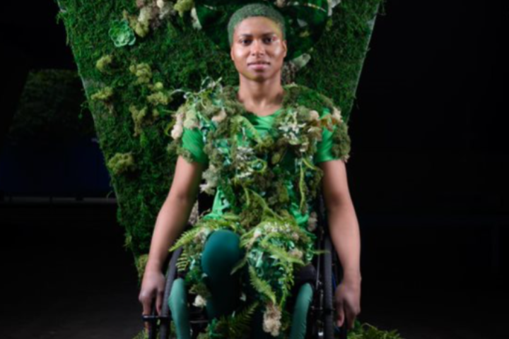 Wheelchair user covered with leaf art