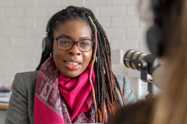 A woman with a microphone