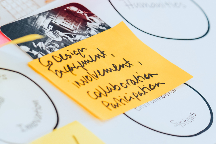 A post-it note reads 'co-design', 'engagement', 'involvement', 'collaboration' and 'participation'. 