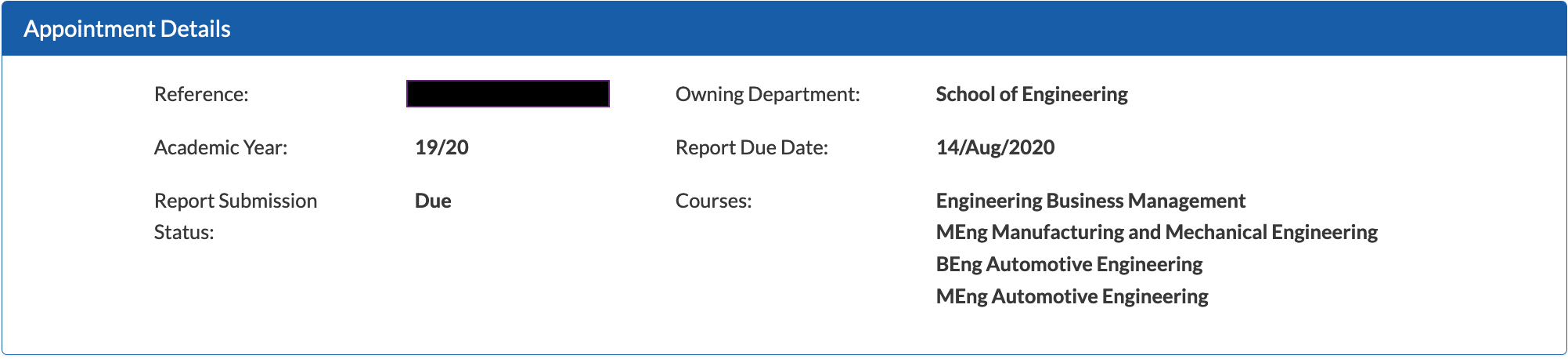 Screenshot showing the My Appointments page in Evision which displays details of the report an external examiner is submitting.