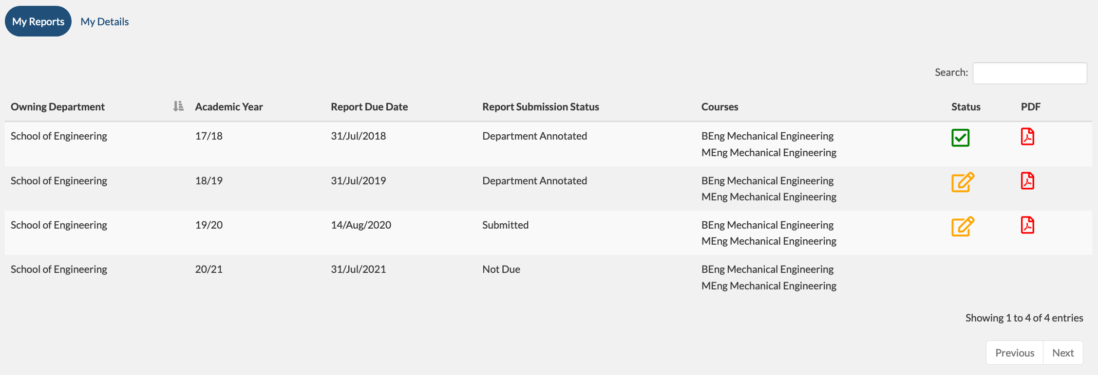 Screenshot displaying annual reports that are submitted and those that have received departmental responses.
