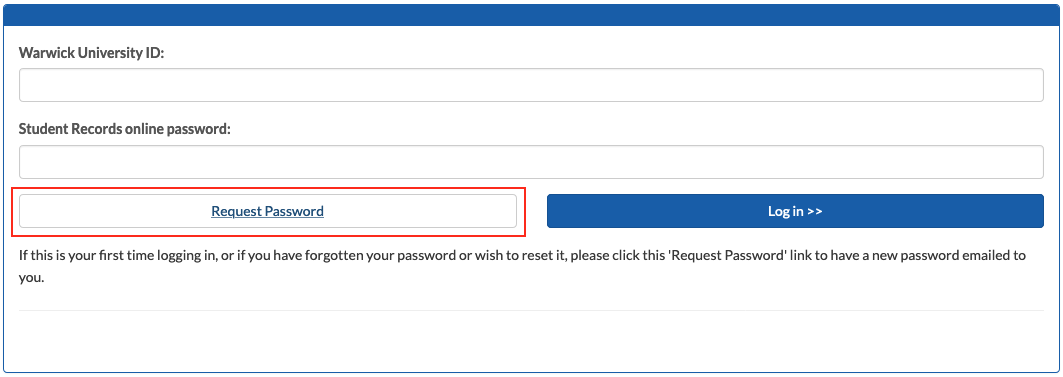 Screenshot showing the Evision login screen with the 'Request Password' button highlighted.