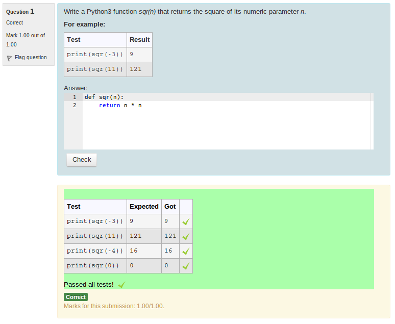 Example of an answered Coderunner question in the Python3 programming language 