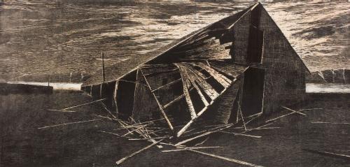Woodcut of an abandoned shed by Emma Stibbon