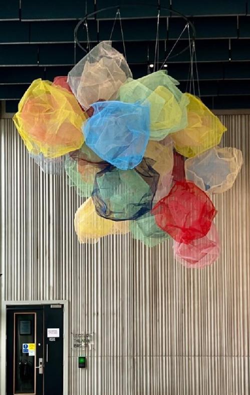 Coloured metal mesh clouds by Rana Begum