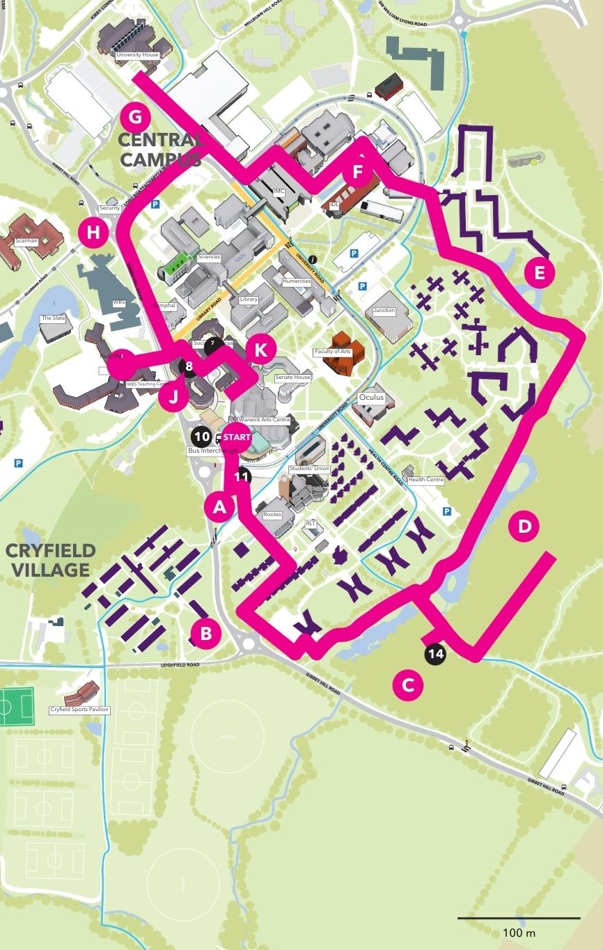 A map with a route to follow visiting sculptures and nature around the University of Warwick campus
