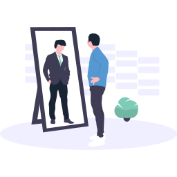 Illustration of a person in casual clothes looking at their reflection in business dress