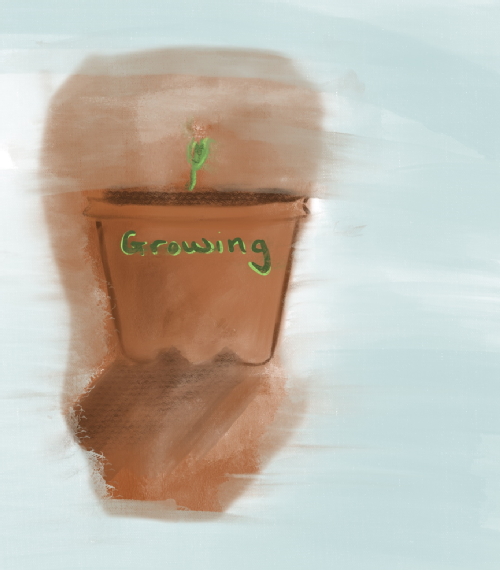 Blurred painting of a flower pot containing a green shoot a the label which says growing