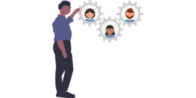 Person standing next to 3 interlinked cogs displaying heads