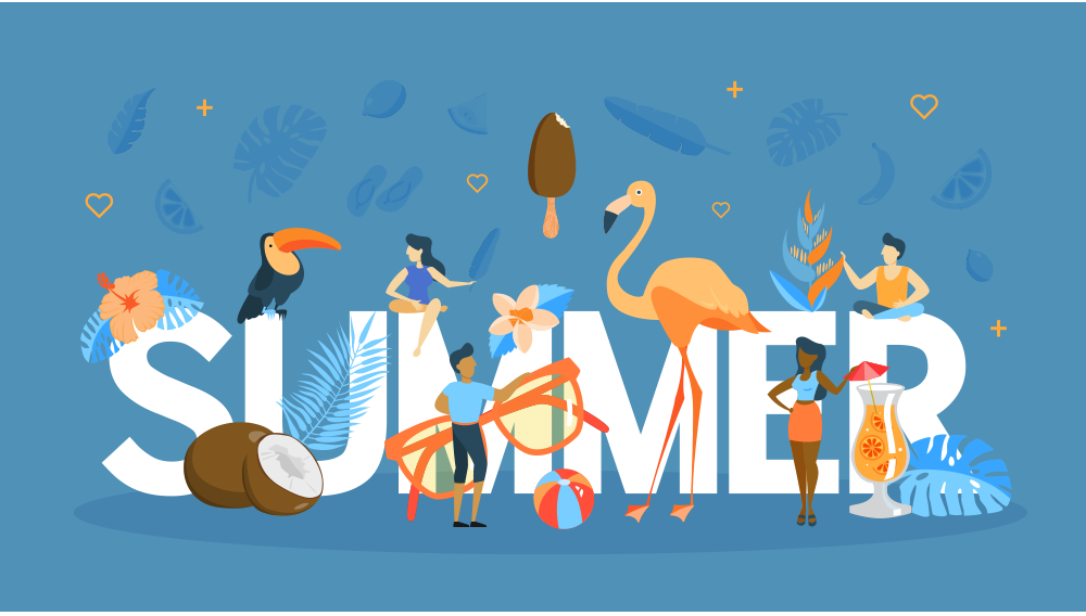 Illustration of 4 people, a flamingo and summer accessories around the word summer