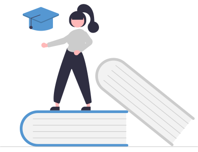Illustration of a person, a mortar board and books