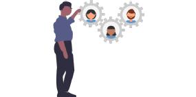 Person standing next to 3 interlinked cogs displaying heads