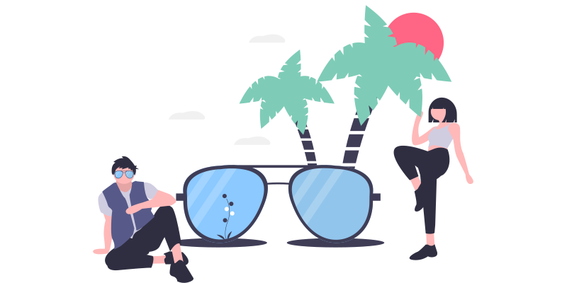 Illustration of people in summer clothes with sunglasses and palm trees