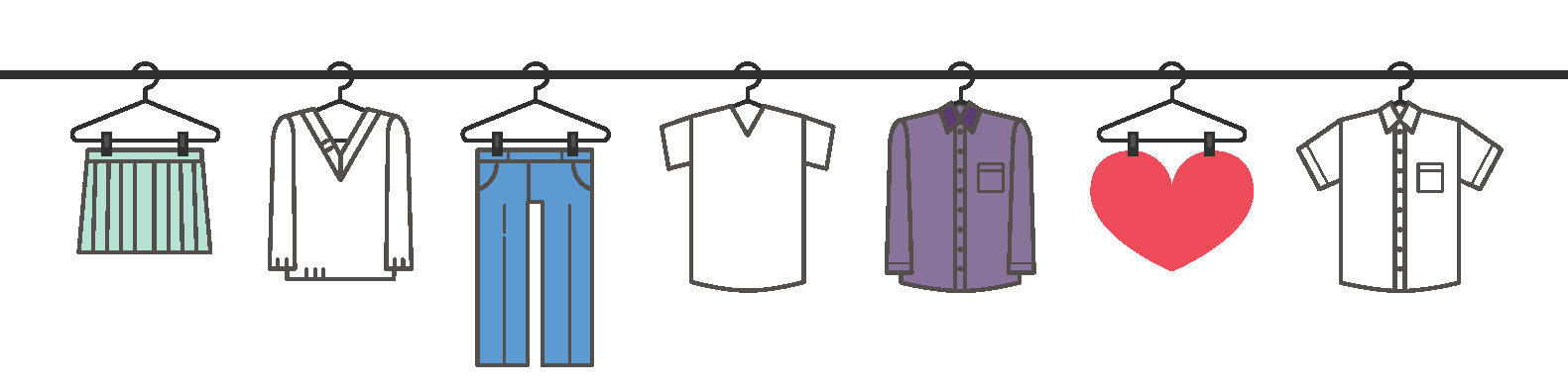 An illustration of items of clothing of different types hanging on a line.
