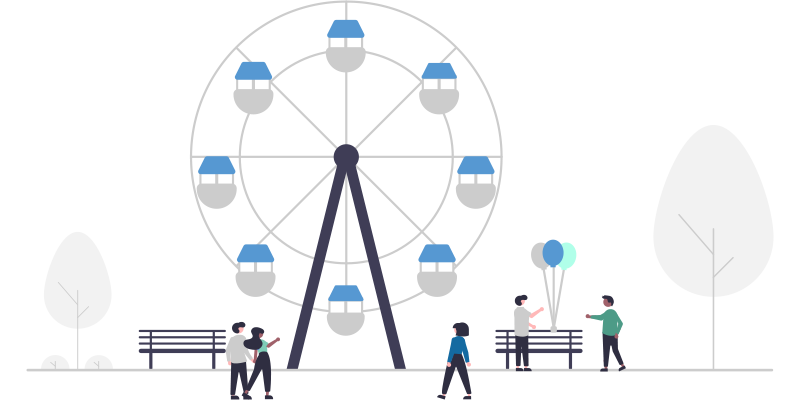 illustration of people looking at a big wheel and balloons
