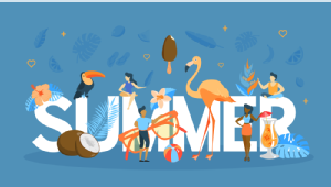 Illustration of a group of people, a flamingo and summer accessories arranged on the word summer