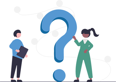 simplistic illustration of a large question mark and 2 people