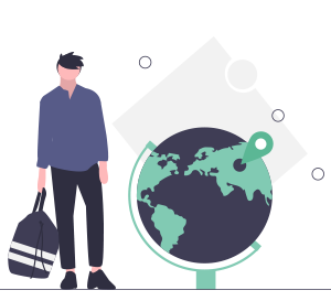 simplistic illustration of a figure with a packed bag standing next to a globe