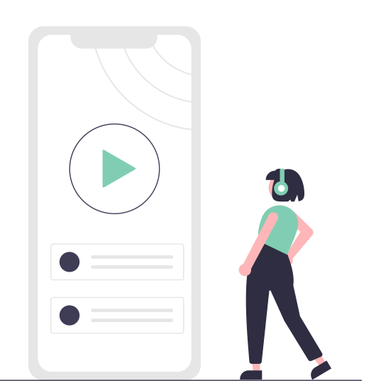 simple illustration of a figure wearing headphones standing next to a phone showing a play icon