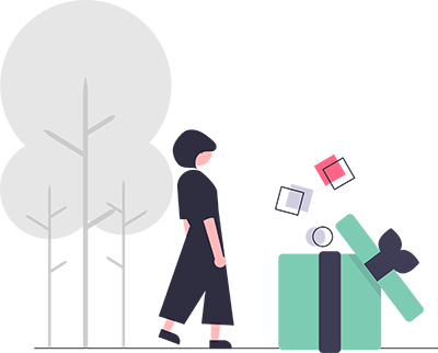 simplistic illustration of a figure standing near a gift box with items coming out of it
