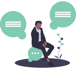 simplistic illustration of a figure sitting on a speech bubble with thought bubbles hanging in the air