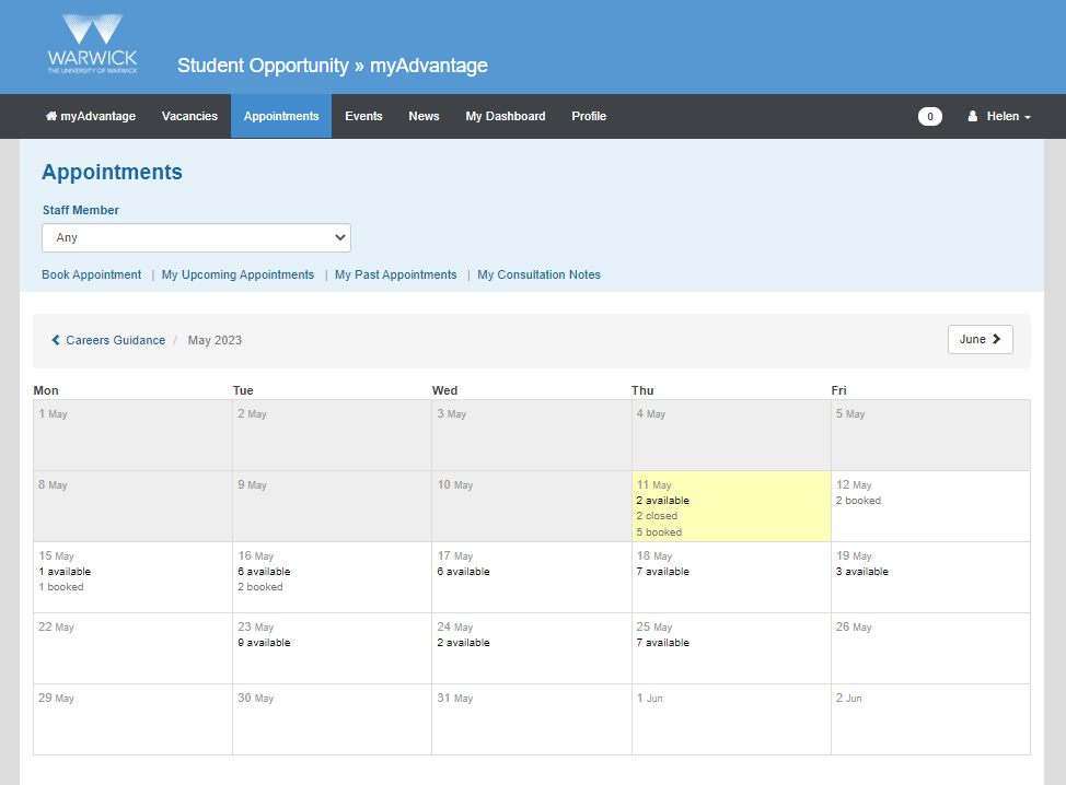 Screenshot of appointments calendar in myAdvantage