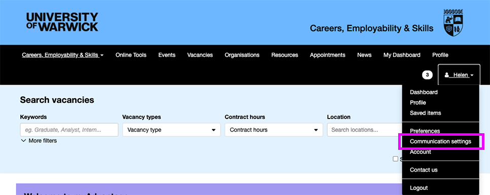 A screen grab of the settings menu accessed under your username in the top right. 'Communication settings' is highlighted in the middle of the menu items.