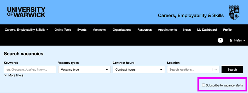 Screen shot showing the 'subscribe to vacancy alerts' check box under the search filters on the myAdvantage vacancy search page