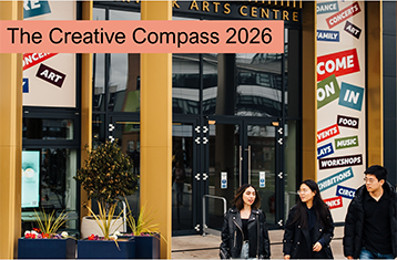 Image from the Creative Compass Sway: three students in front of Warwick Arts Centre