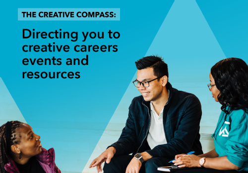 Image from Creative Careers guide cover of 3 students in conversation