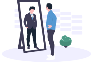 Illustration of a person wearing casual clothes looking at their reflection in a mirror. Their reflection is wearing business clothes.