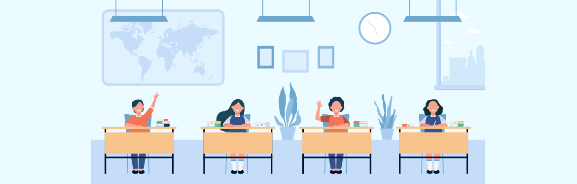 Illustration of 4 happy students in a classroom