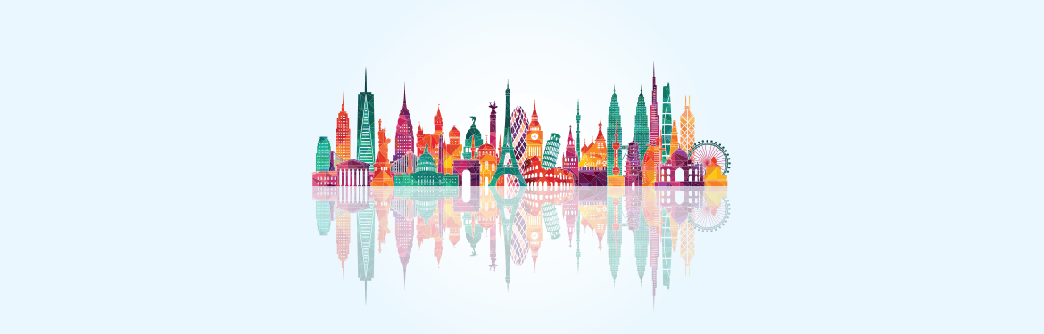 Illustration of a selection of well known buildings from around the world in one skyline
