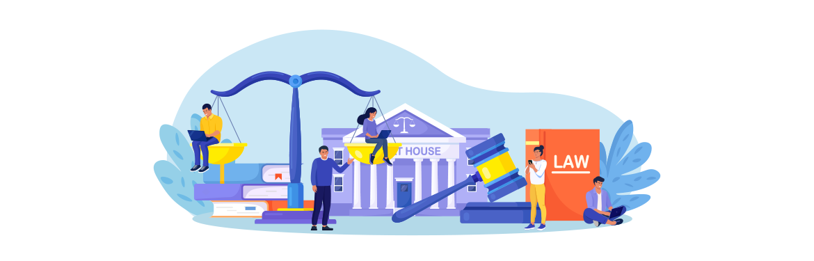 Illustration including people surrounded by legal concepts such as Justice scales, supreme court building and judge gavel.