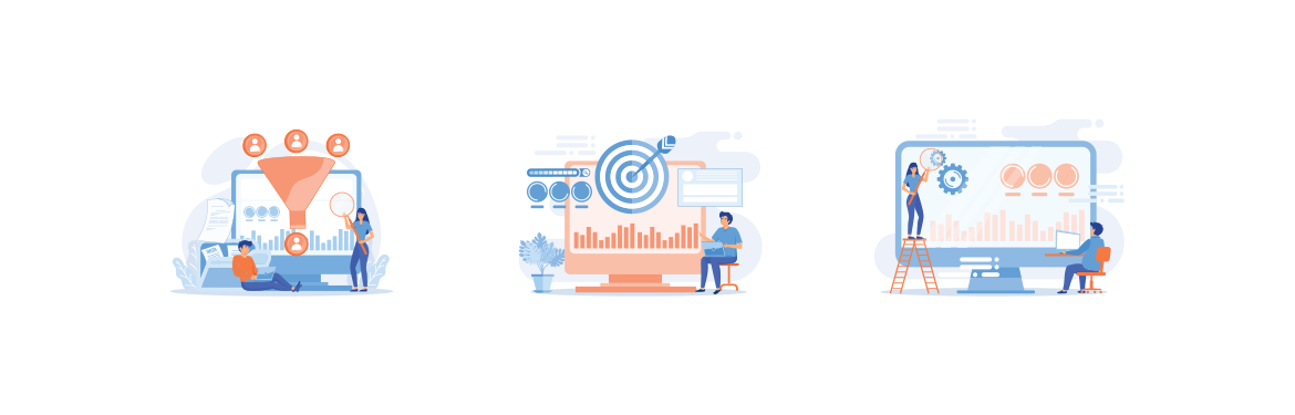 Data scientist and specialist extract knowledge and insights from data, Remarketing manager and specialist put targeted ads, CRO analyst and specialist increase customers percentage, set flat vector modern illustration